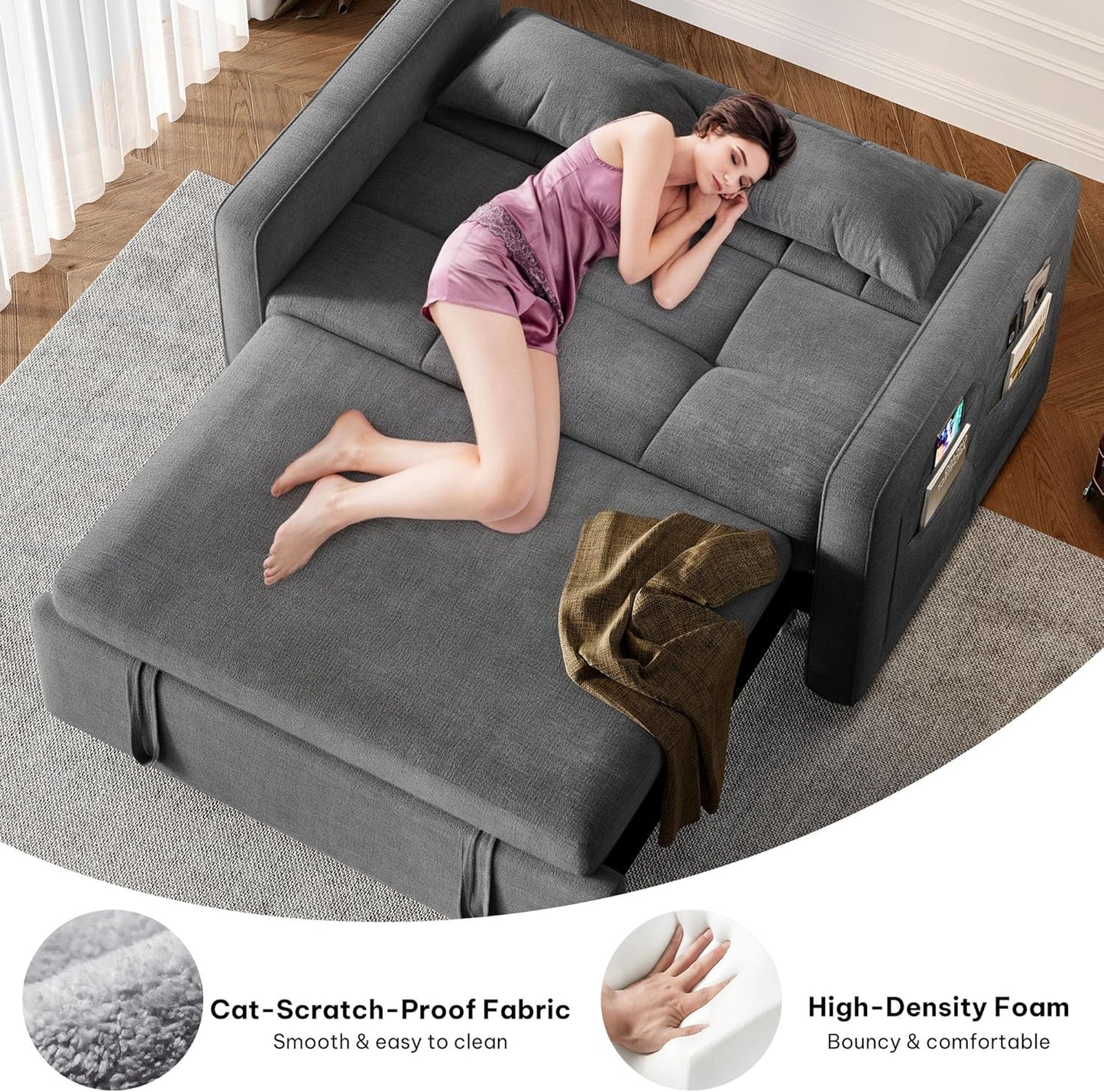 DWVO 3-in-1 Convertible Sofa Bed, 55" Sleeper Sofa with Pull-Out Bed, Cat-Scratch-Proof Fabric Futon Couch with Adjustable Backrest and Side Pocket, Loveseat for Living Room Apartment, Grey