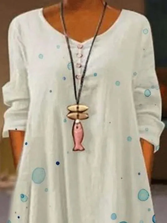 A-Line Floral V Neck Long Sleeve Dress
