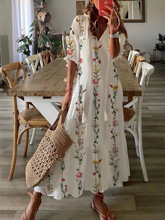 Casual Floral Half Sleeve V Neck Printed Dress
