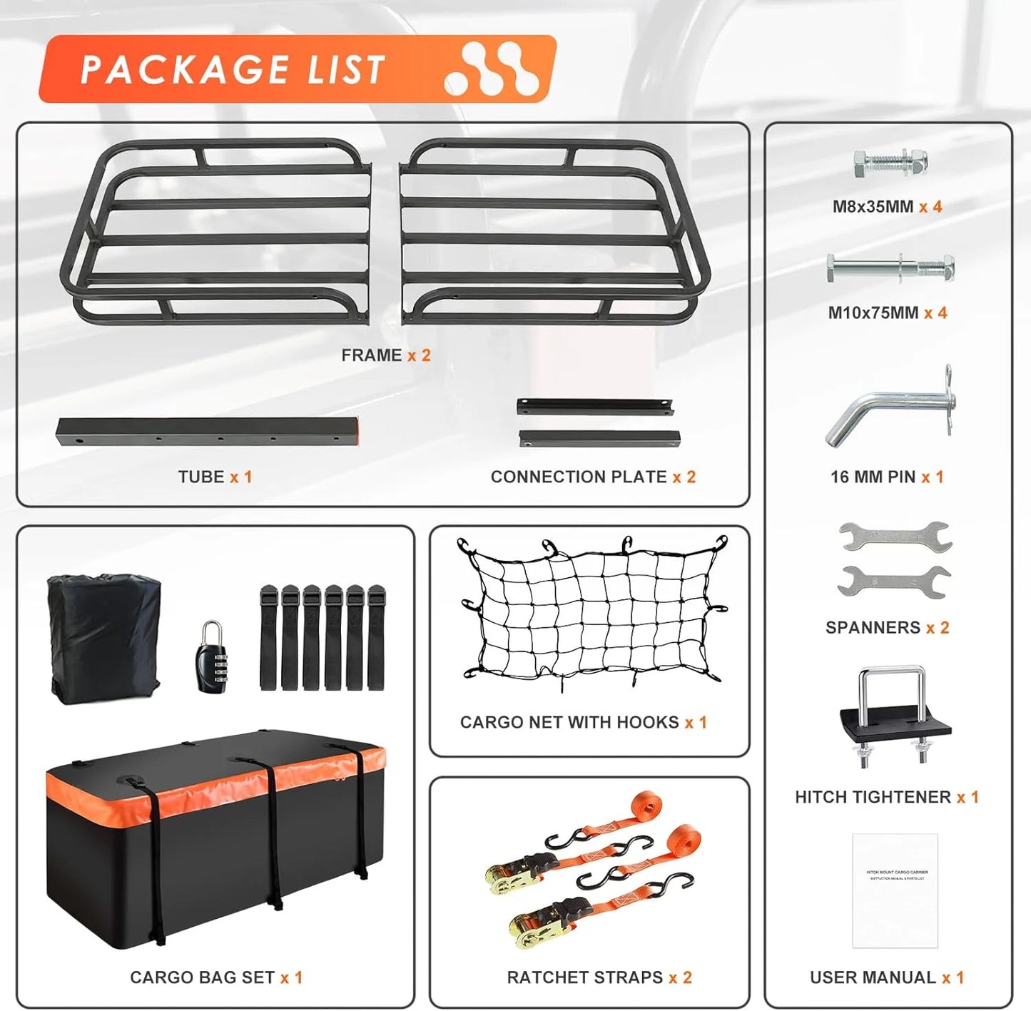 Folding hitch mounted cargo basket 60" With hook stabilizer, net and straps