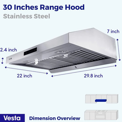 Powerful 30 Inch Under Cabinet Range Hood With Seamless Stainless Steel Body, Twin Turbo Motors, 3 Speed Touch Screen, Round Vent, Baffle Filters, LED Lights, Oil Collector