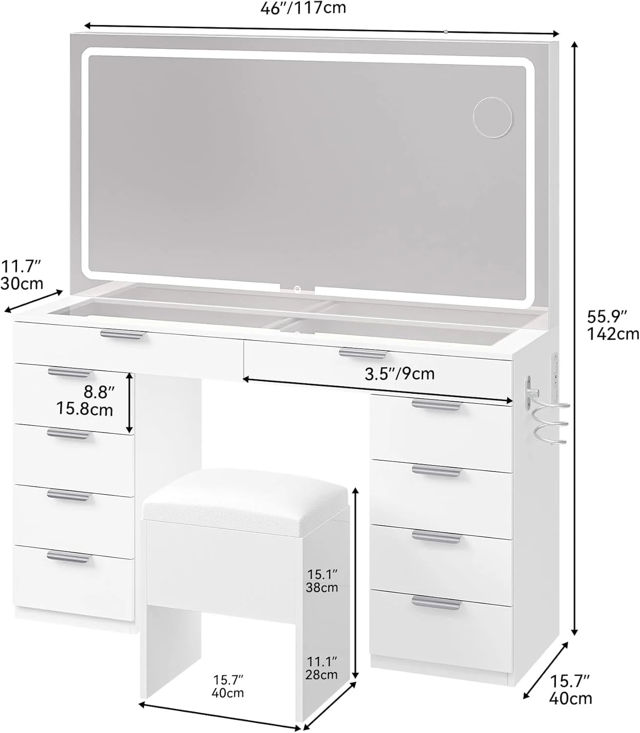 YITAHOME Vanity Set with LED Mirror, 10 Drawers, Stool Included