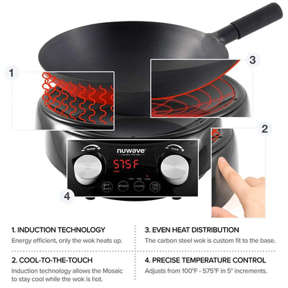 Nuwave Mosaic Induction Wok, Precise Temp Controls from 100u00b0F to 575u00b0F in 5u00b0F, Wok Hei, Infuse Complex Charred Aroma & Flavor, 3 Watts 600, 900 & 1500, Authentic 14-inch Carbon Steel Wok Included