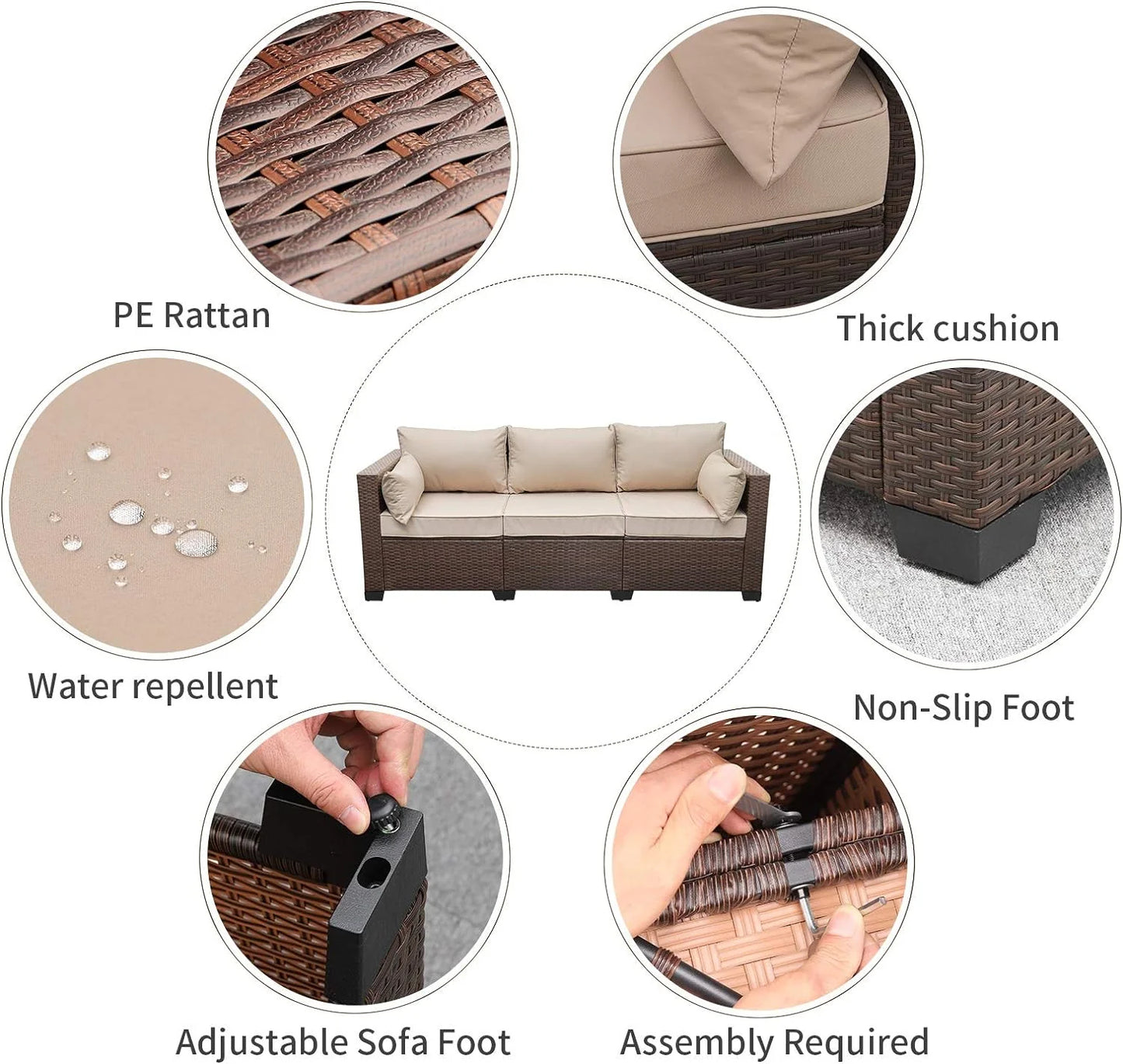 WAROOM Patio Couch PE Wicker 3-Seat Outdoor Brown Rattan Sofa Deep Seating Furniture with Non-Slip Beige Cushion