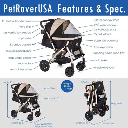 Pet Rover Premium Heavy Duty DogCat Stroller Travel Carriage CompartmentZipperless EntryPump-Free Rubber Tires Small, Medium, Large Pets (Black 2nd-Gen.), X-Large (Pack of 1)