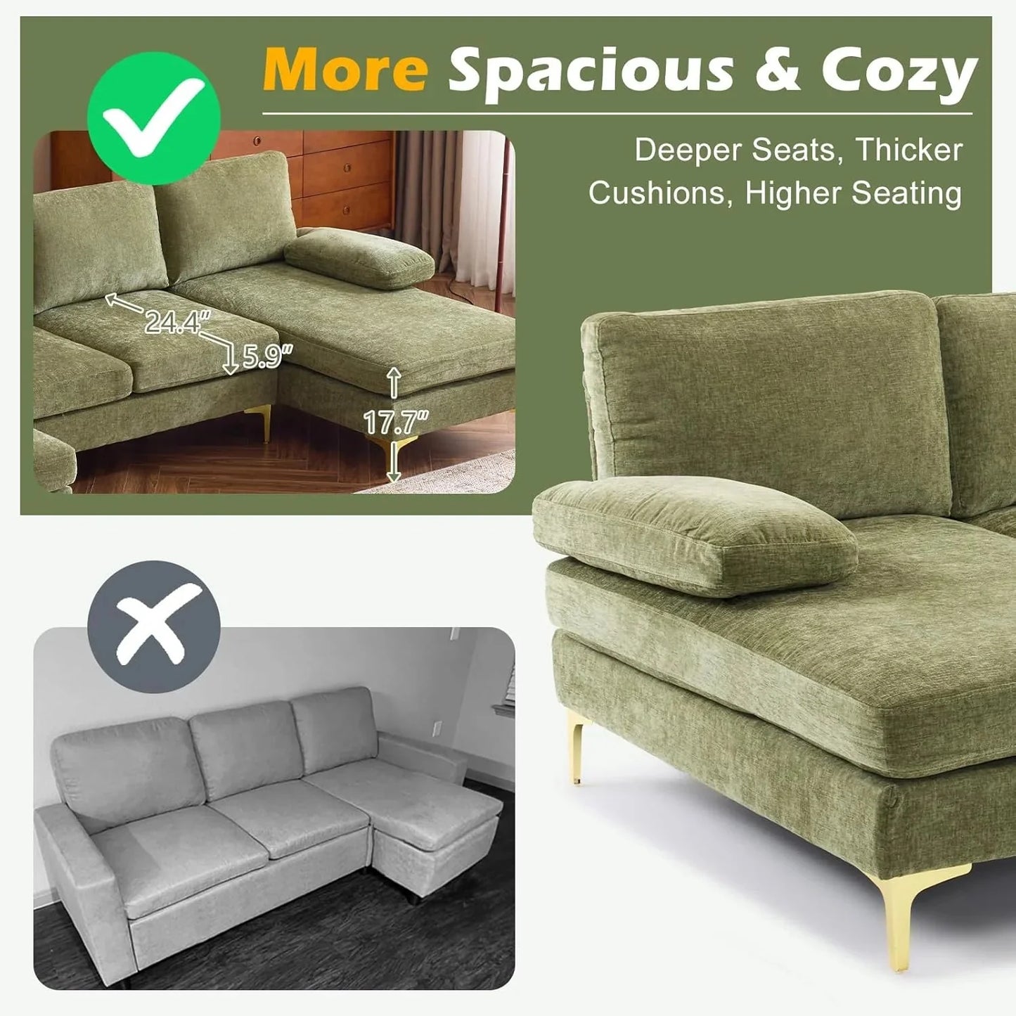 VINGLI 110" Sectional Couches for Living Room,U Shaped Couch with Double Chaise, 4-Seat Sofa Set with Chenille Fabric for Home Furniture,Beige