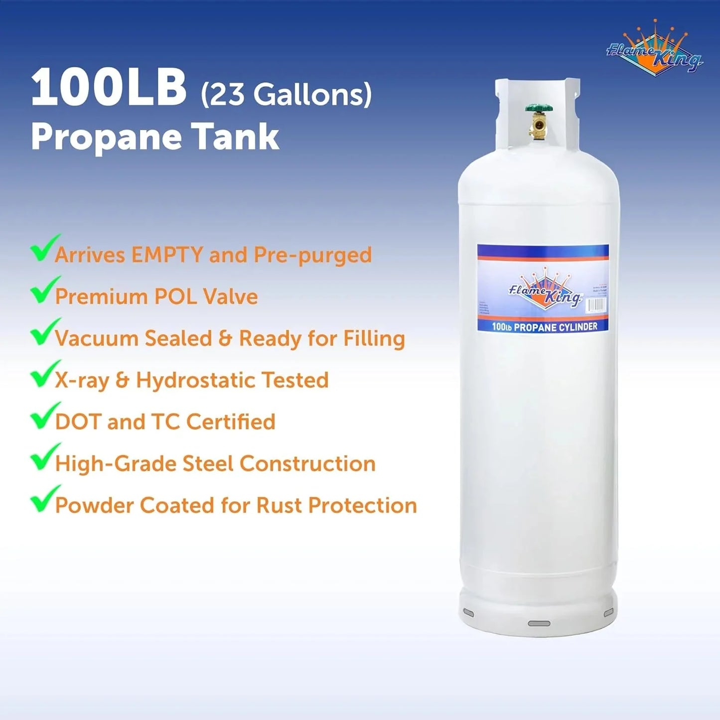 Steel Propane Tank Cylinder with POL Valve and Collar, Great for Mixed Heating Systems, Home fireplaces, Dryers and Grills-Flame King