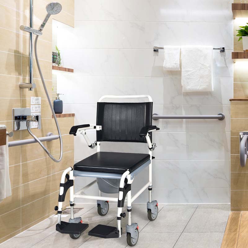 4 In 1 Bedside Commode Chair Shower Wheelchair With Detachable Bucket Padded Mobile Toilet Chair - Comfortable And Ergonomic Design