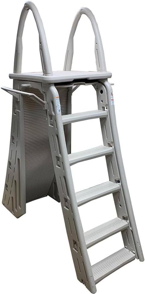 Confer Plastics 7200 Roll Guard 48" to 56" Adjustable A Frame Safety Ladder for Above Ground Outdoor Patio Swimming Pool Platform Ladder with Step Barrier, Warm Grey…