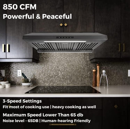 Powerful 30 Inch Under Cabinet Range Hood With Seamless Stainless Steel Body, Twin Turbo Motors, 3 Speed Touch Screen, Round Vent, Baffle Filters, LED Lights, Oil Collector