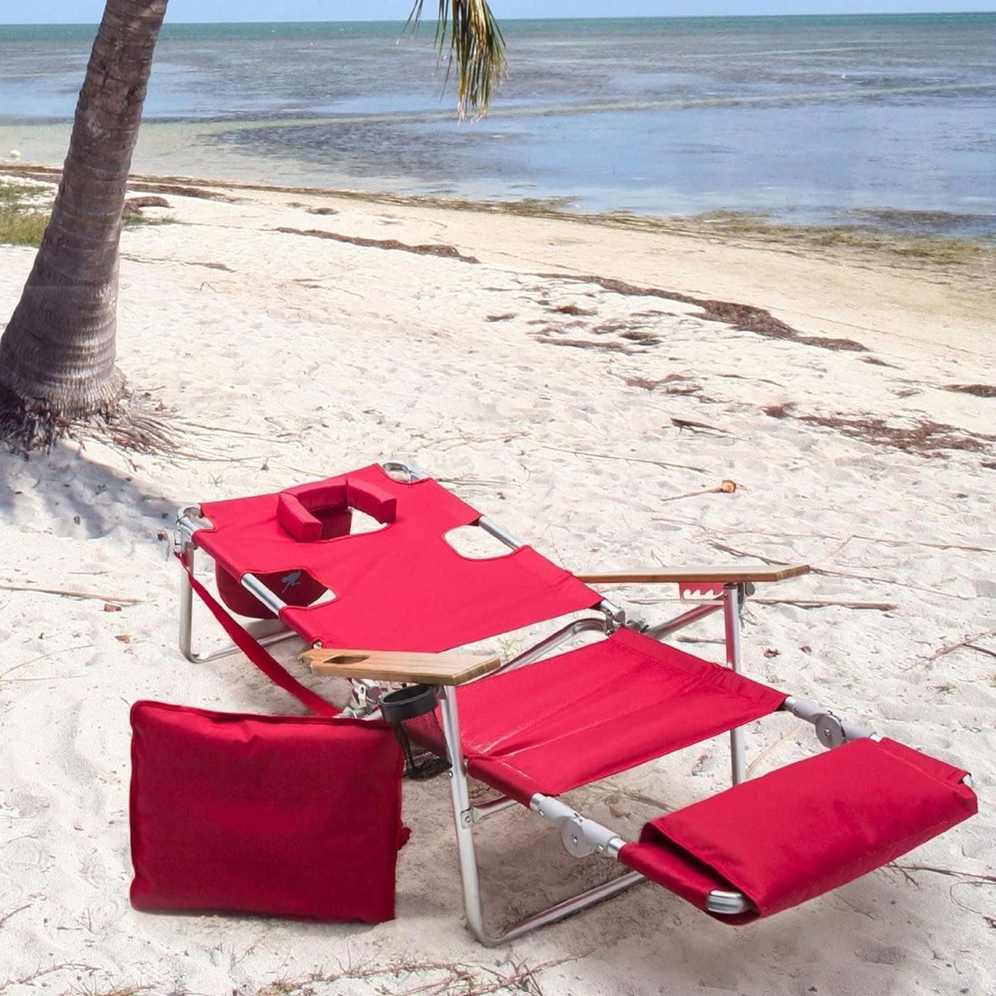 Deluxe 3 in 1 Beach Chair with Face Opening - Portable, Reclining Lounger for Tanning - Face Hole for Reading on Stomach - Padded Footrest, Removable Pillow - Aluminum