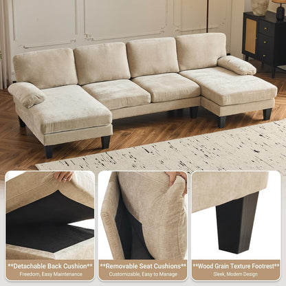 VINGLI 110" Sectional Couches for Living Room,U Shaped Couch with Double Chaise, 4-Seat Sofa Set with Chenille Fabric for Home Furniture,Beige