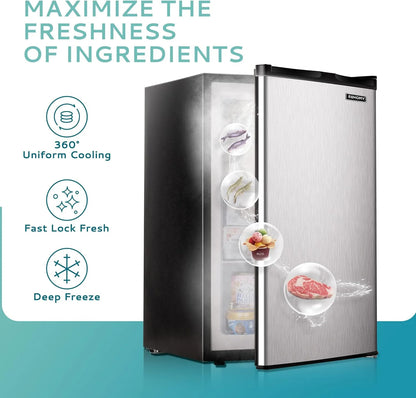 Upright freezer, 3.0 Cubic Feet, Single Door Compact Mini Freezer with Reversible Stainless Steel Door, Small freezer for Home/Dorms/Apartment/Office (Silver)
