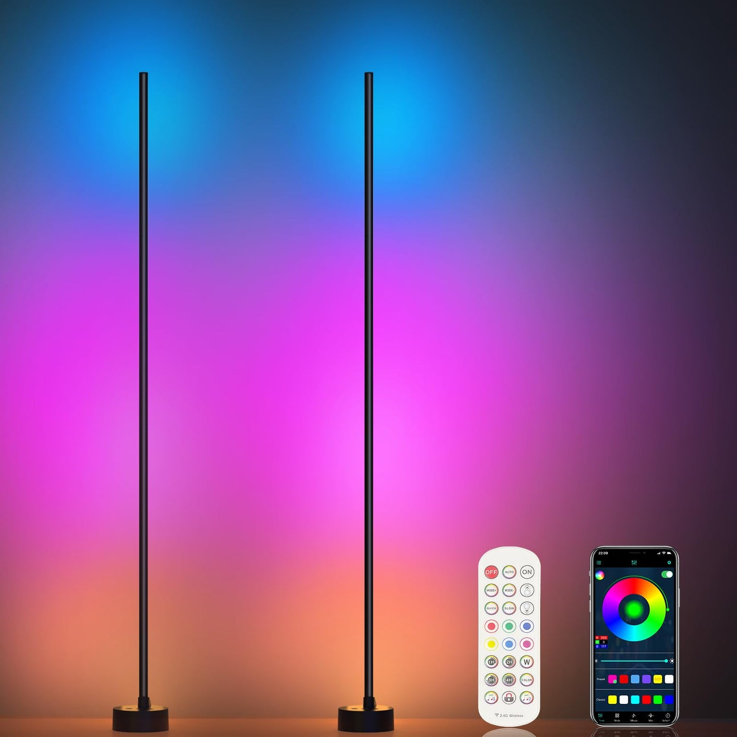 MIORTIOR LED Corner Floor Lamp – 2 Pack Smart RGB Lighting