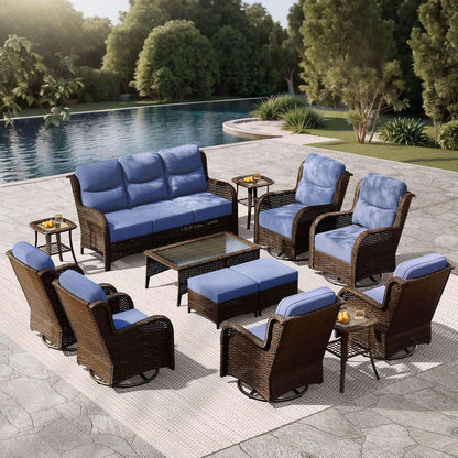 Outdoor Swivel Rocker Patio Chairs with 6-Inch Thick Cushions and Side Table, 3PCS High Back Wicker Patio Furniture Set for Porch, Balcony, Deck and Yard in Blue