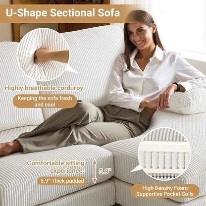 VINGLI 110" Sectional Couches for Living Room,U Shaped Couch with Double Chaise, 4-Seat Sofa Set with Chenille Fabric for Home Furniture,Beige