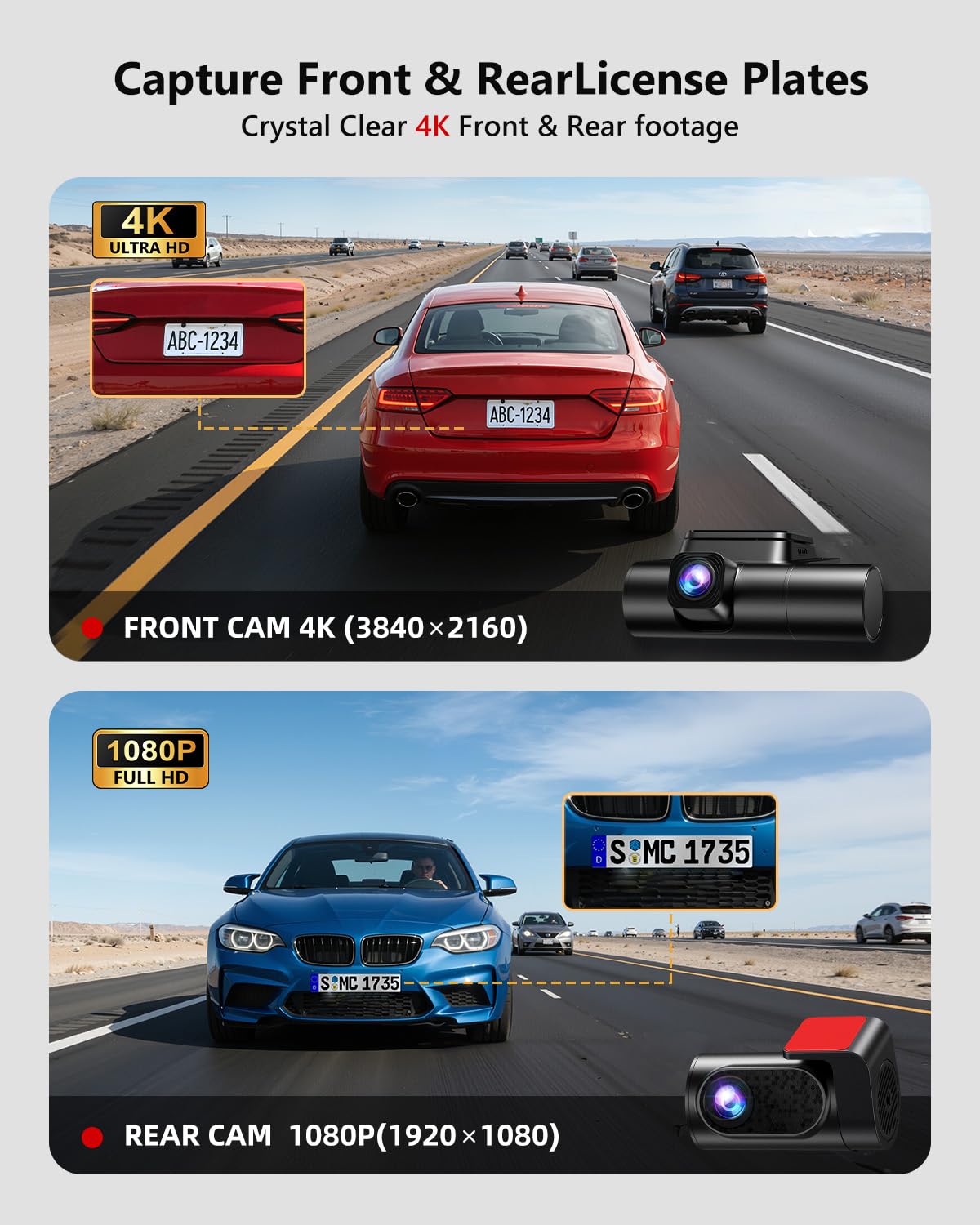 JZONES 3 Channel 4K Dash Cam with HDR Night Vision