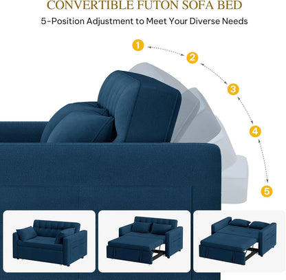 DWVO 3-in-1 Convertible Sofa Bed, 55" Sleeper Sofa with Pull-Out Bed, Cat-Scratch-Proof Fabric Futon Couch with Adjustable Backrest and Side Pocket, Loveseat for Living Room Apartment, Grey