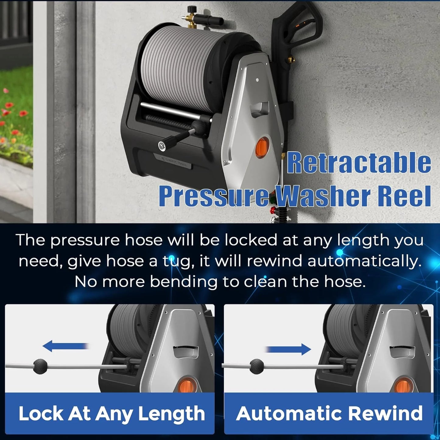 Pressure Washer, Electric Wall Mounted Power Washer with 100FT Retractable Hose, Soap Tank and 4-Nozzle Set, Dark Silver