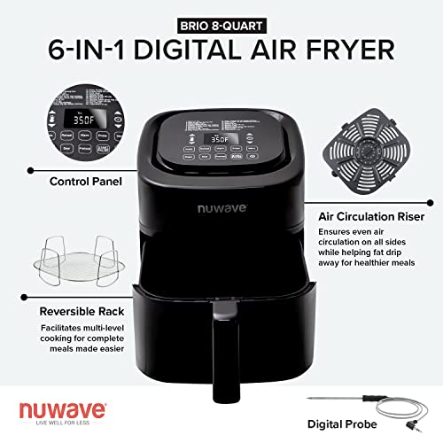Nuwave Brio 8 Qt Air Fryer, Powerful 1800W, Easy to Read Cool White Display, 50° 400°F Temp Controls, 100 Pre Programmed Presets & 50 Memory Slots, Integrated Smart Thermometer, Linear T Technology