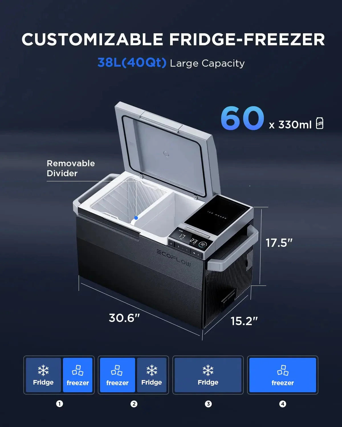 Car Refrigerator, 40 Qt(38L) Portable Refrigerator, Electric Cooler with Ice Maker, Dual Zone WIFI APP Control(-13℃~50℃), 12/24V DC/AC For Camping, Travel, Fishing, Outdoor, Truck