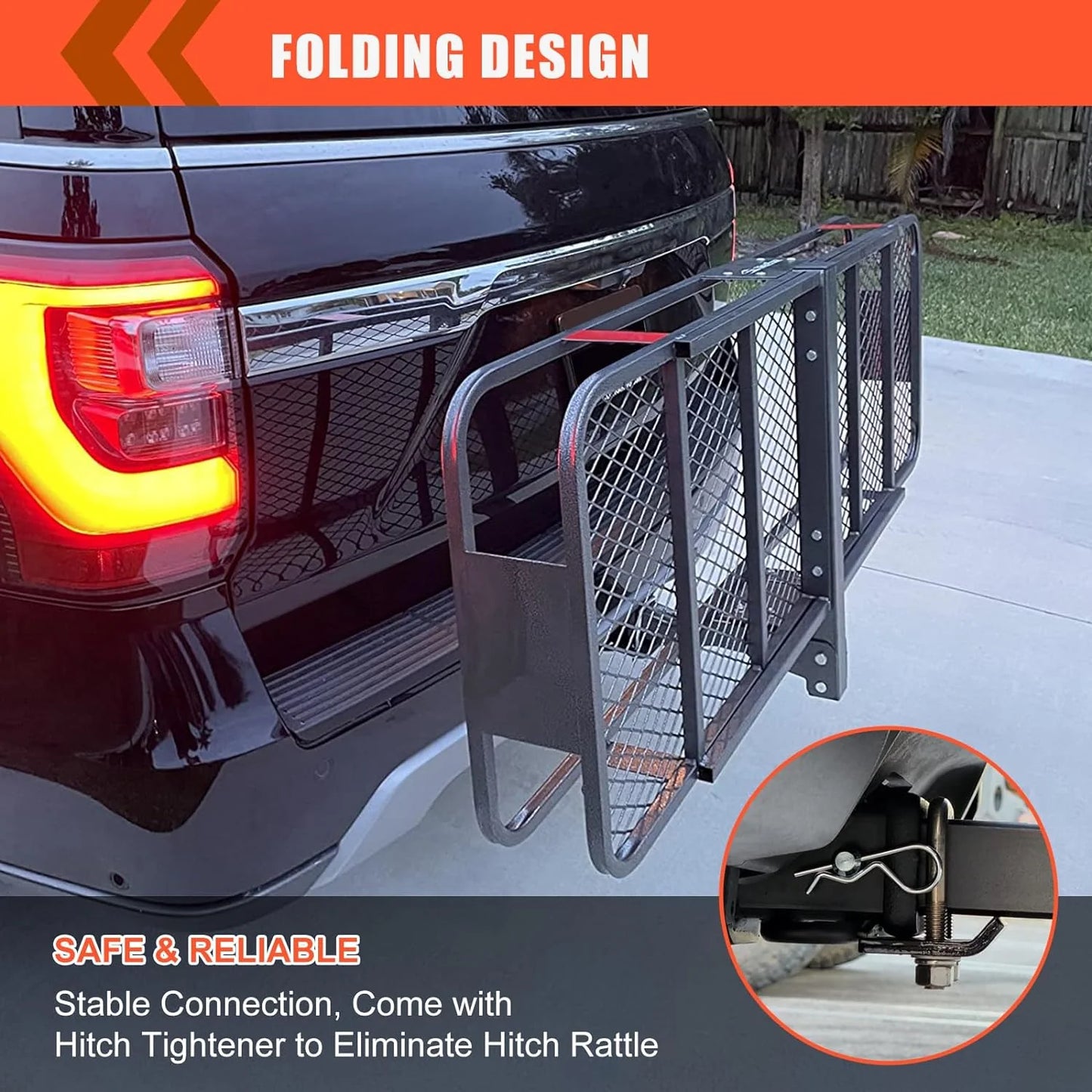Folding hitch mounted cargo basket 60" With hook stabilizer, net and straps