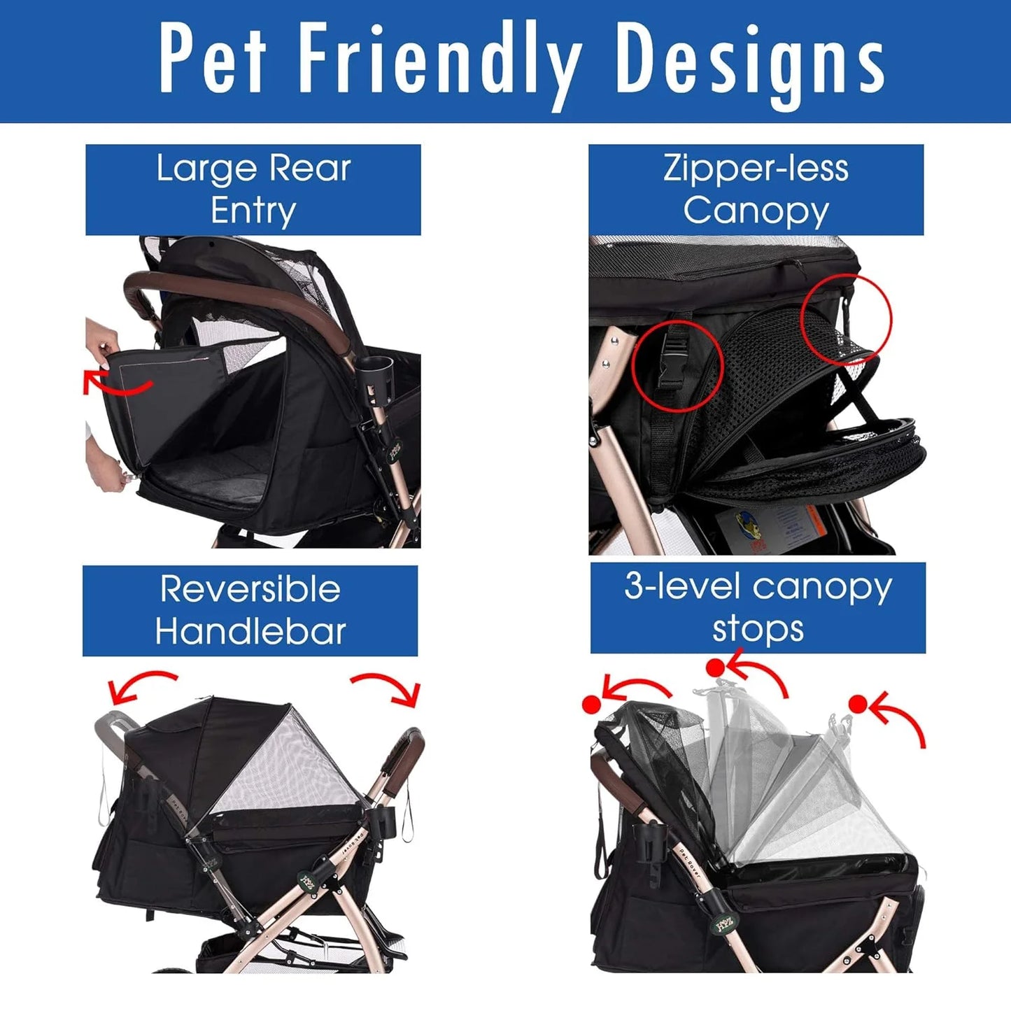 Pet Rover Premium Heavy Duty DogCat Stroller Travel Carriage CompartmentZipperless EntryPump-Free Rubber Tires Small, Medium, Large Pets (Black 2nd-Gen.), X-Large (Pack of 1)