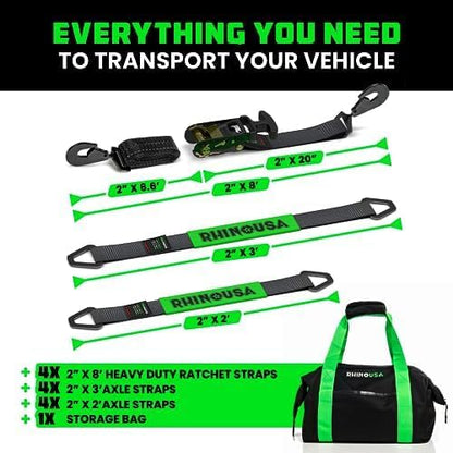 Car Tie Down Straps for Trailers with J Hooks (4-Pack) - 2 Inch x 8 Feet (10,000lb Break Strength) - Heavy Duty T-Handle Car Hauler Tire Straps for Trailer & UTV with Axle Straps - Black