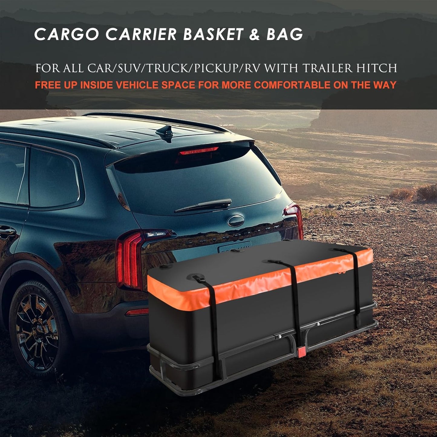 Folding hitch mounted cargo basket 60" With hook stabilizer, net and straps