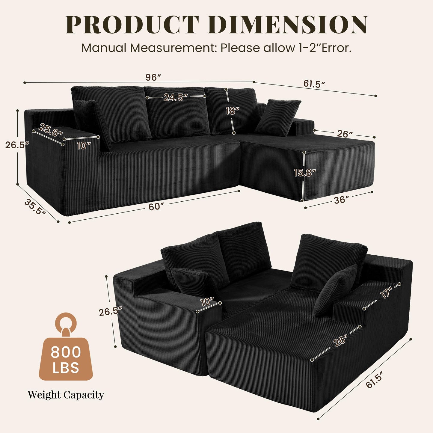 GRUSIGN Cloud Sectional Couch - Modular L-Shaped Sofa