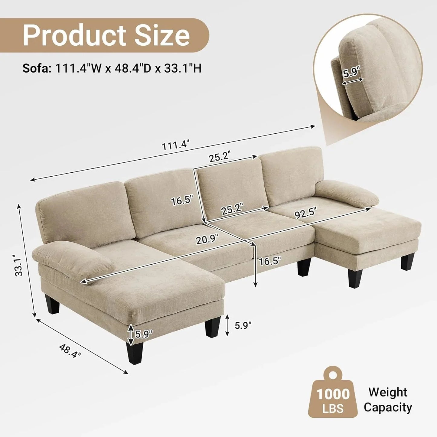 VINGLI 110" Sectional Couches for Living Room,U Shaped Couch with Double Chaise, 4-Seat Sofa Set with Chenille Fabric for Home Furniture,Beige
