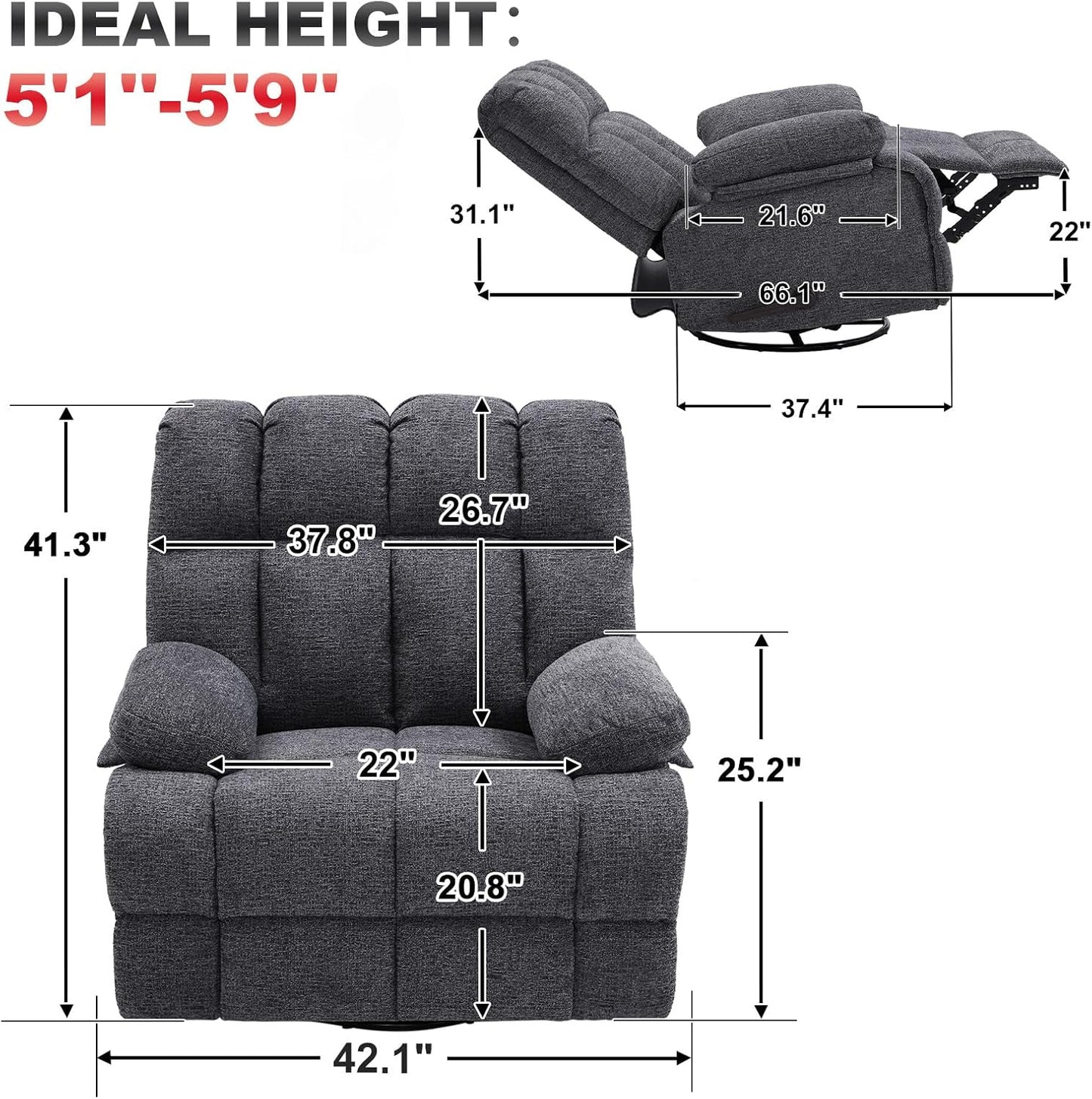 Oversized Swivel Recliner Chair for Big Man Grey