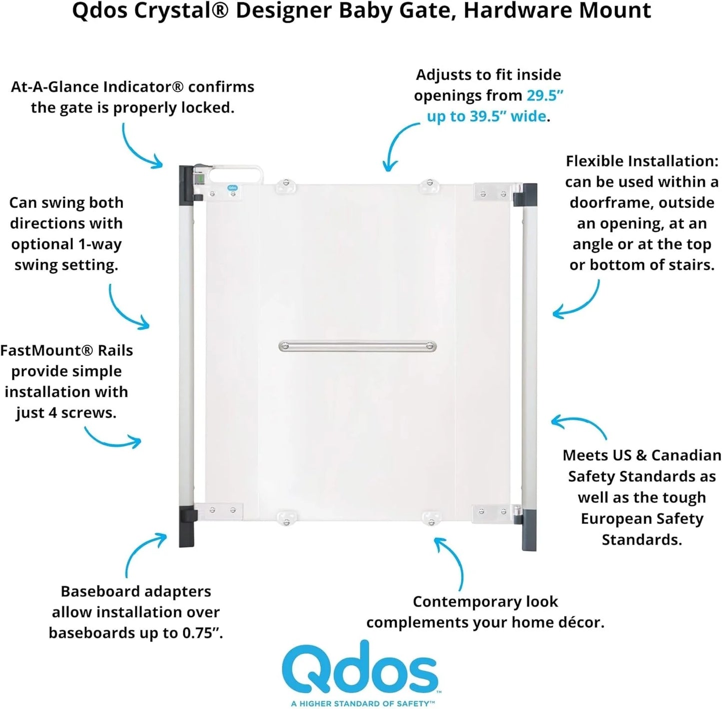 Crystal Designer Baby Safety Gate - Meets Tougher European Standards - Modern Design and Unparalleled Safety - Beauty & Safety Together at Last - Simple Installation | Hardware Mount