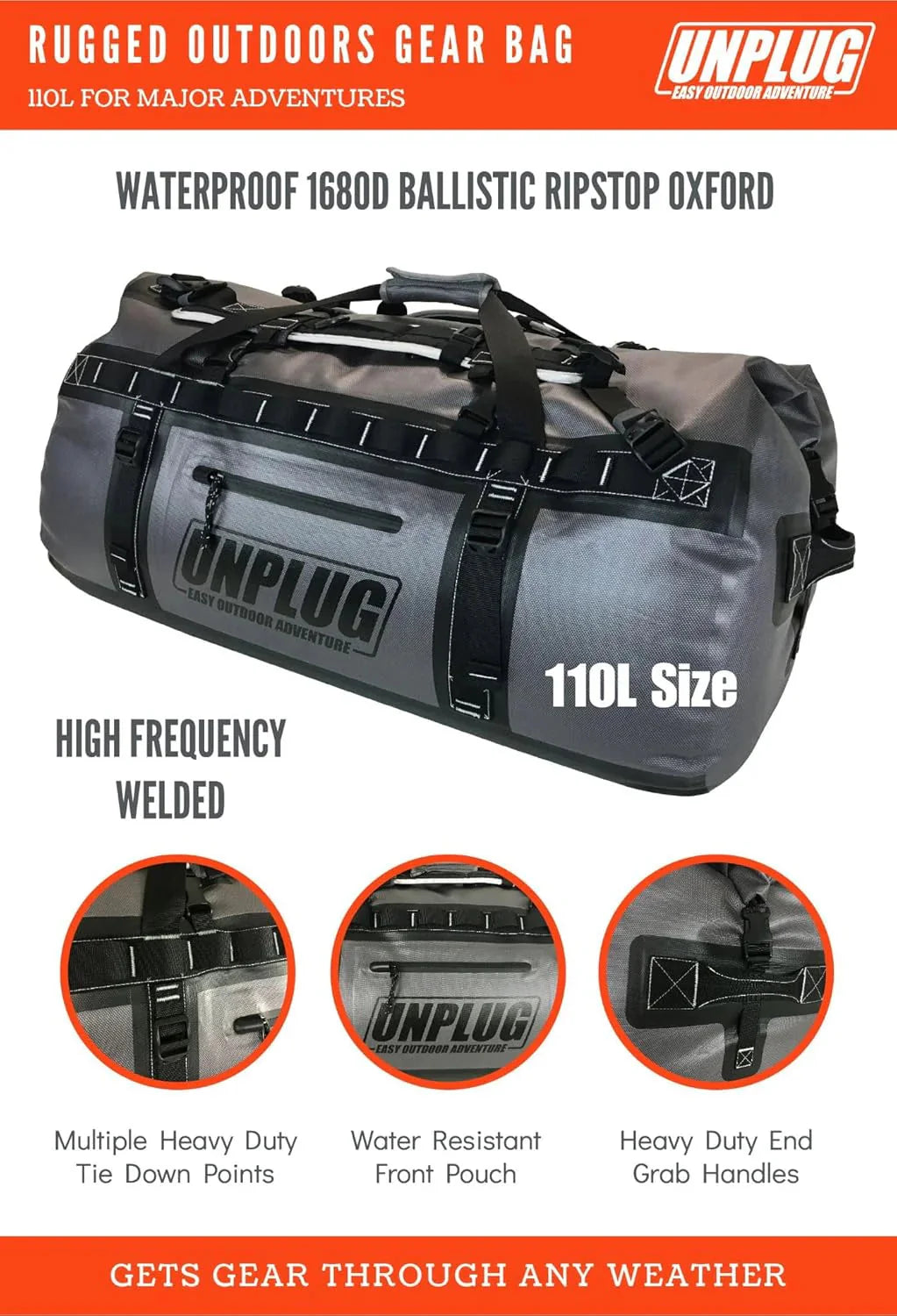 UNPLUG Ultimate Adventure Bag -1680D Heavy Duty Waterproof Travel Duffel Bags for Camping, Motorcycle Dry Bag, Waterproof Bags for Boating, Waterproof Duffle Backpack,Tactical Duffle Bag