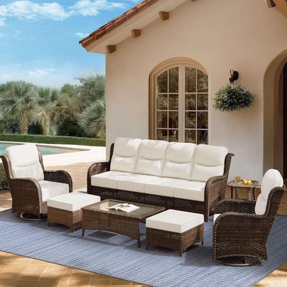 Outdoor Swivel Rocker Patio Chairs with 6-Inch Thick Cushions and Side Table, 3PCS High Back Wicker Patio Furniture Set for Porch, Balcony, Deck and Yard in Blue
