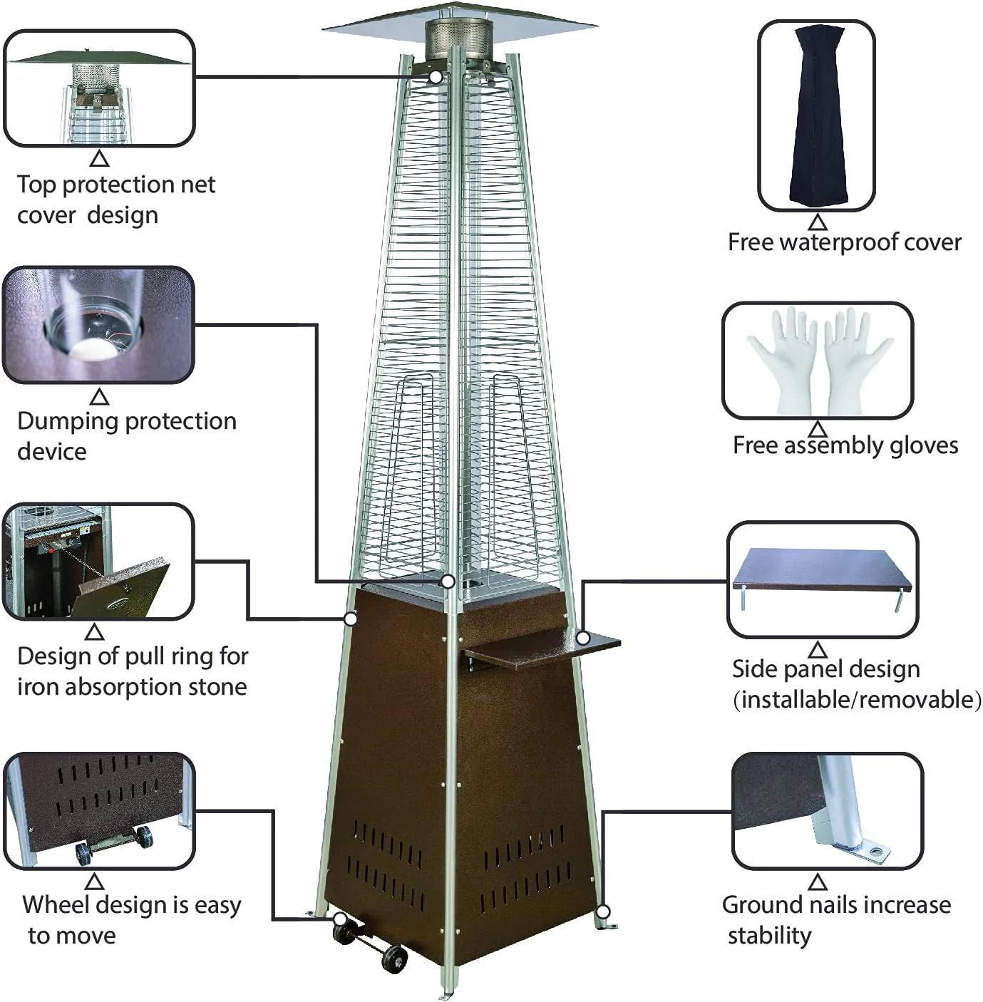 Pyramid Patio Propane Heater48,000 BTU Outdor Patio Flame Heater With Wheels,Waterproof Cover Quartz Glass Tube Propane Heater for Patio, Party, Backyard, Garden, Decoration(Bronze)