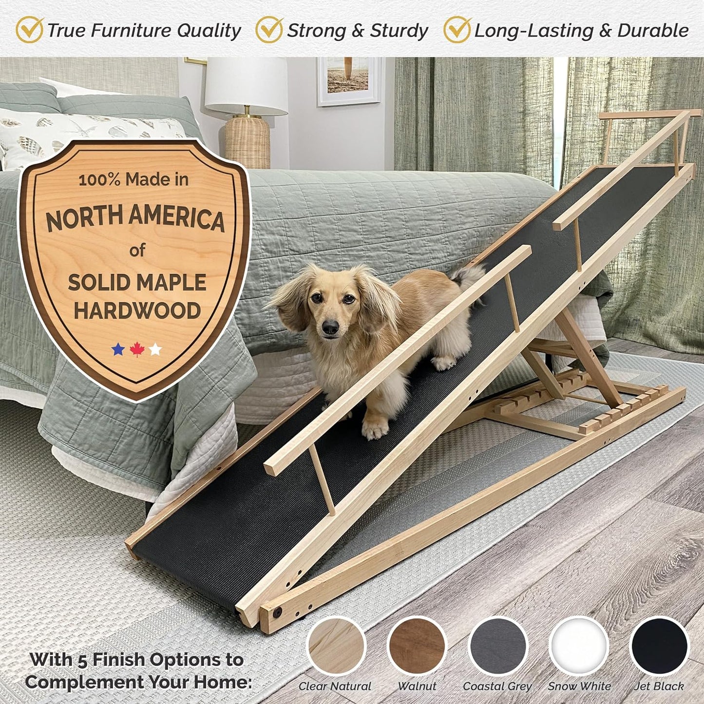 Dog Ramp for Beds - Adjustable up to 37" High Beds with Low Incline, Safety Rails & Anti-Slip Grip, for Small Dogs up to 50lbs - Solid Hardwood, Made in North America