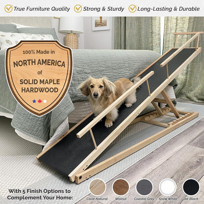 Dog Ramp for Beds - Adjustable up to 37" High Beds with Low Incline, Safety Rails & Anti-Slip Grip, for Small Dogs up to 50lbs - Solid Hardwood, Made in North America