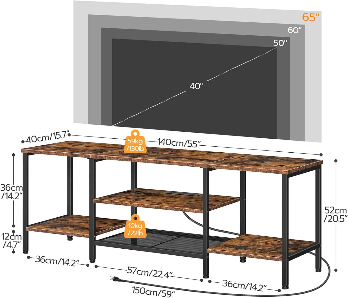 TV Stand with Power Outlets to 75 Inches, TV Console Table with Open Storage Shelves Cabinet, Industrial Media Entertainment Center for Living Room Bedroom, Rustic Brown and Black BF60DS01