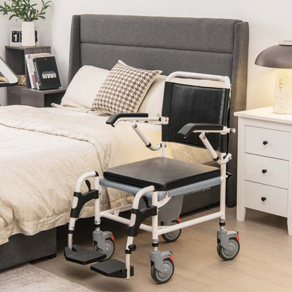 4 In 1 Bedside Commode Chair Shower Wheelchair With Detachable Bucket Padded Mobile Toilet Chair - Comfortable And Ergonomic Design