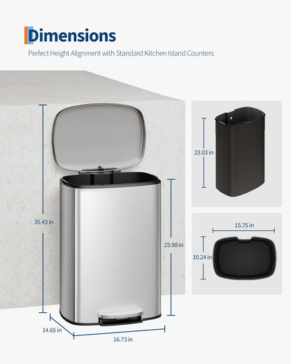 GARVEE Step-on Stainless Steel Trash Can - 13 Gal Capacity