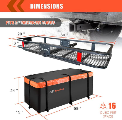 Folding hitch mounted cargo basket 60" With hook stabilizer, net and straps