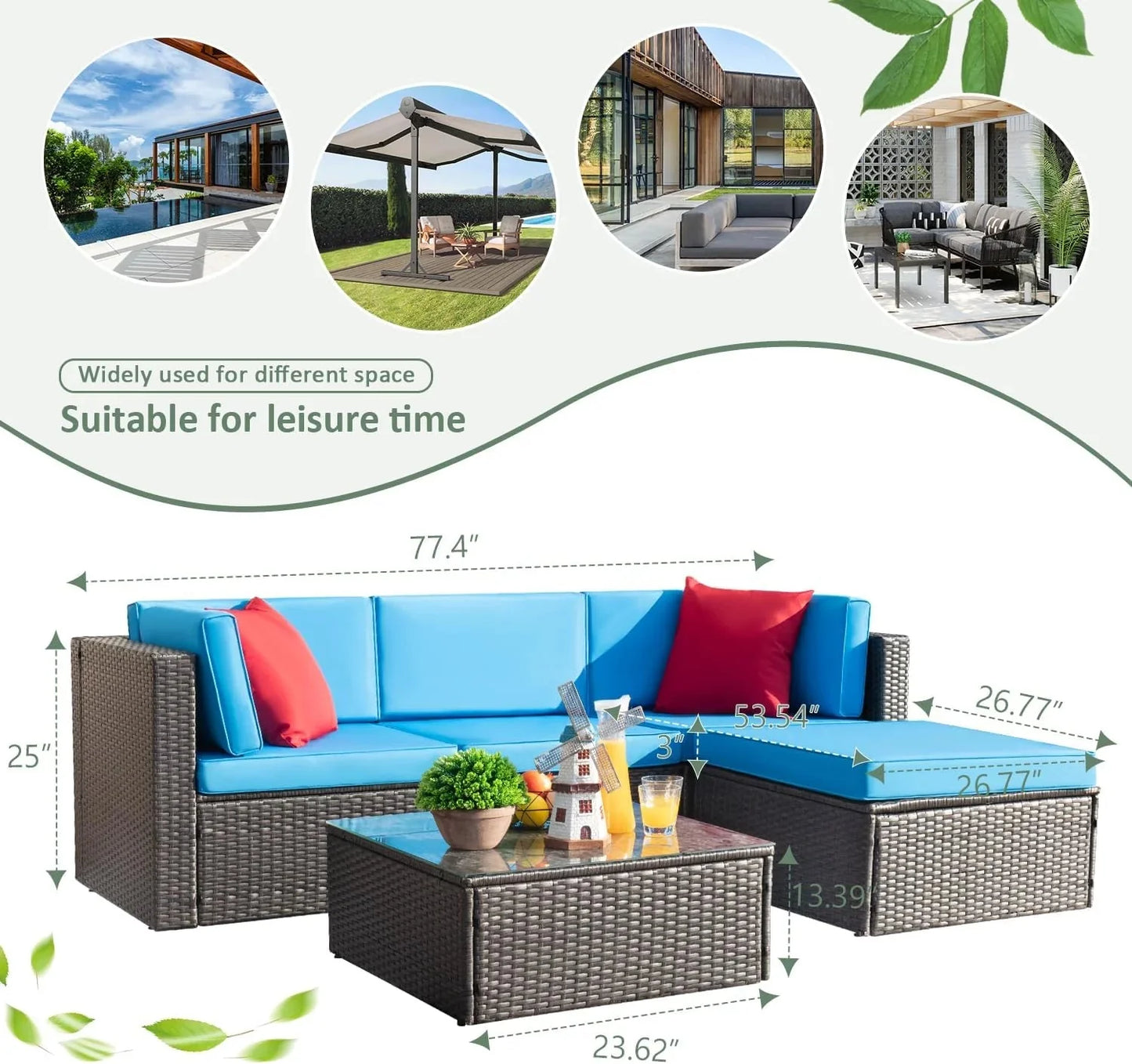 Devoko 5 Pieces Patio Furniture Sets All Weather Outdoor Sectional Patio Sofa Manual Weaving Wicker Rattan Patio Seating Sofas with Cushion and Glass Table(Beige)