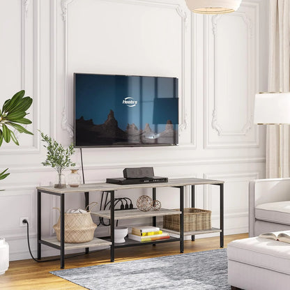 TV Stand with Power Outlets to 75 Inches, TV Console Table with Open Storage Shelves Cabinet, Industrial Media Entertainment Center for Living Room Bedroom, Rustic Brown and Black BF60DS01