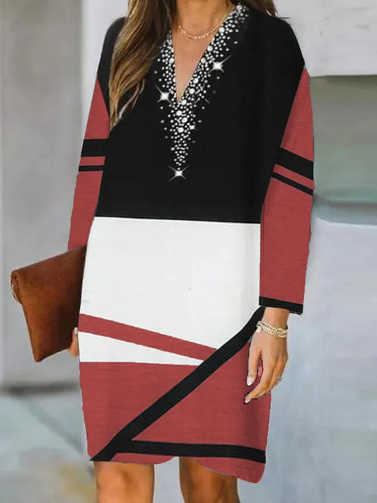 Casual Color Block V Neck Regular Fit Dress