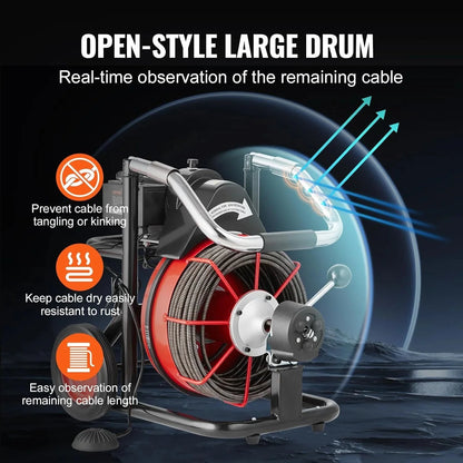 VEVOR Drain Cleaner Machine 100FT x 1/2 Inch, Auto Feed Sewer Snake Auger on Wheels, 550W Portable Drain Cleaning Machine with 8 Cutters & Air-activated Foot Switch for 2" to 4" Pipes
