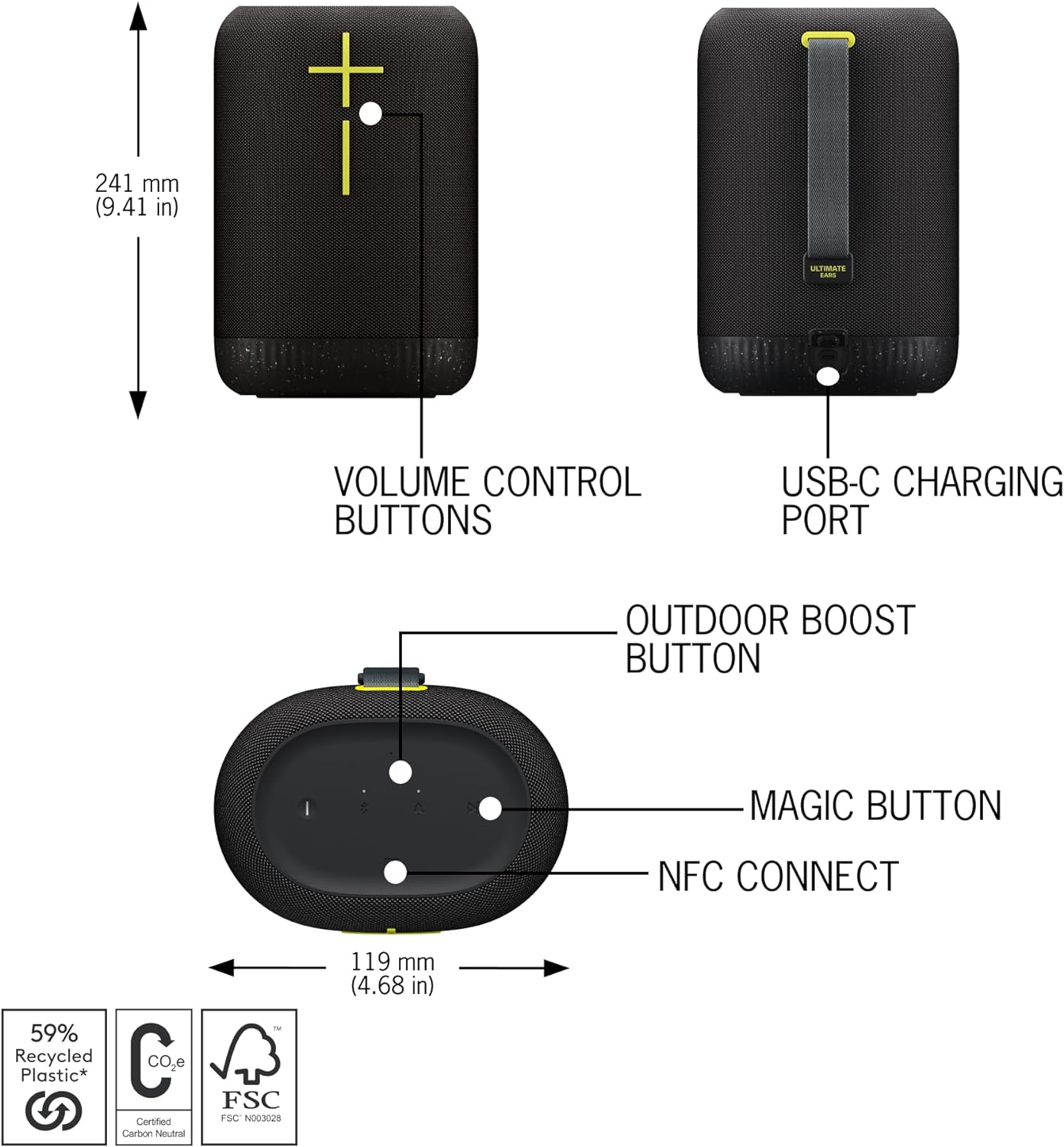 Portable Wireless Bluetooth Speaker, Heavy Bass, 360° Sound, IP67 Waterproof, 17 Hour Battery - Carbon Black