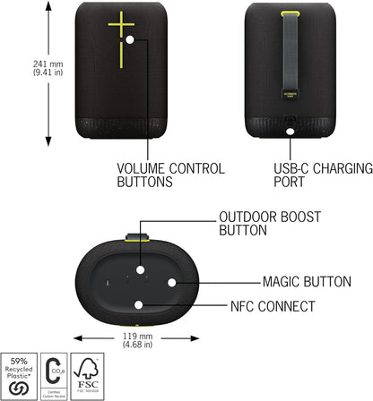 Portable Wireless Bluetooth Speaker, Heavy Bass, 360° Sound, IP67 Waterproof, 17 Hour Battery - Carbon Black
