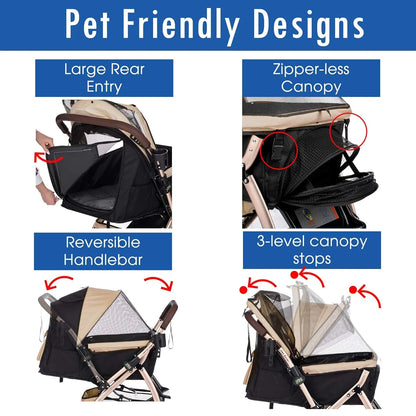 Pet Rover Premium Heavy Duty DogCat Stroller Travel Carriage CompartmentZipperless EntryPump-Free Rubber Tires Small, Medium, Large Pets (Black 2nd-Gen.), X-Large (Pack of 1)