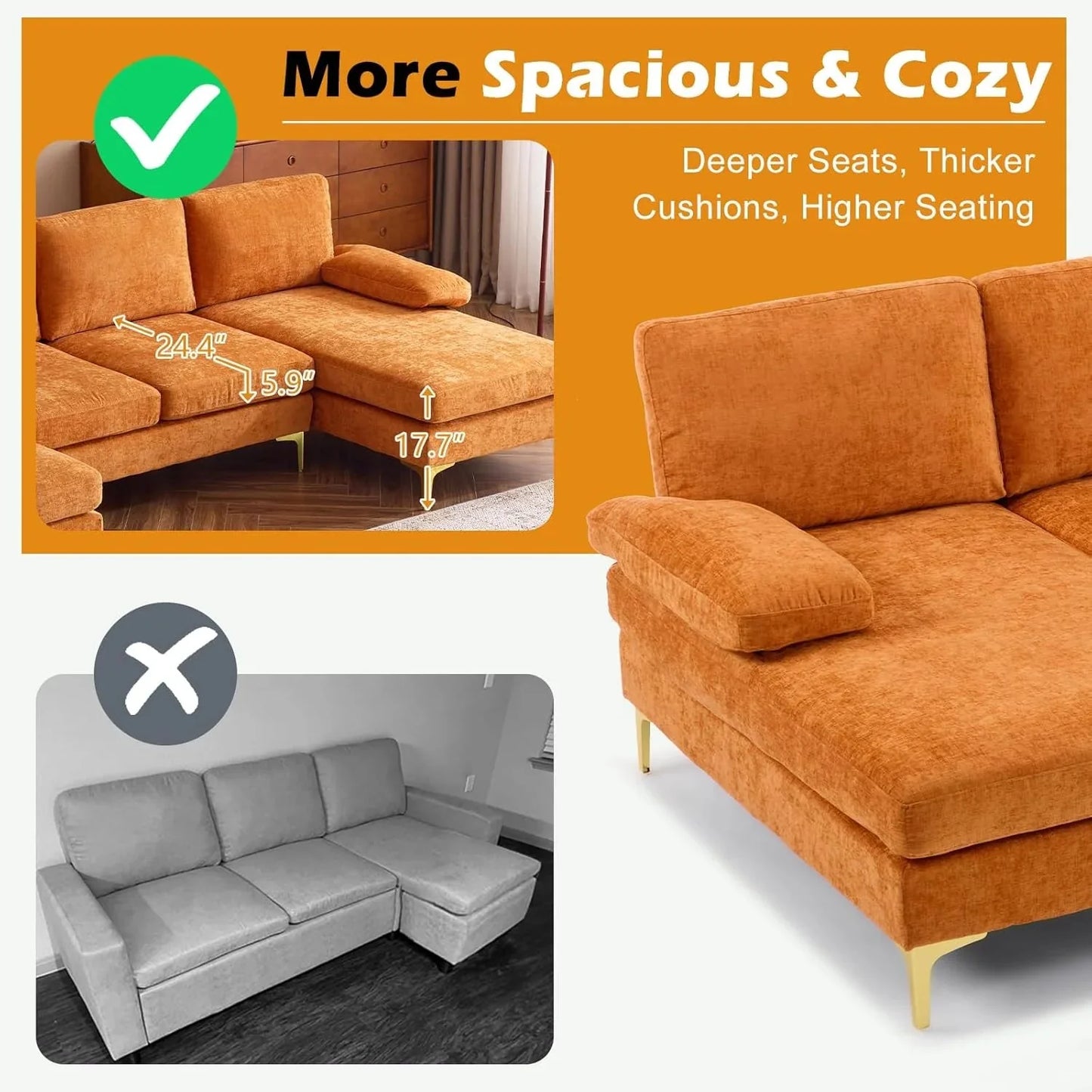 VINGLI 110" Sectional Couches for Living Room,U Shaped Couch with Double Chaise, 4-Seat Sofa Set with Chenille Fabric for Home Furniture,Beige